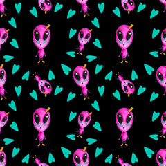watercolor illustration, Seamless pattern beautiful cute pink aliens with turquoise hearts on black background.Halloween
