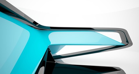 Abstract smooth architectural blue and black gloss interior of a minimalist house with large windows. 3D illustration and rendering.