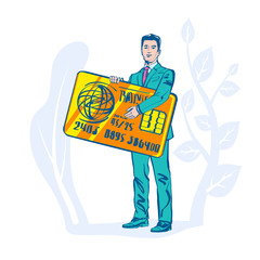 Businessman hold credit card in hand. Sign paying. Money on plastic. Payment purchase by credit card. Finance transaction. Vector illustration sketch design style. landing page isolated background.