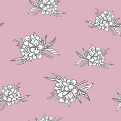 Seamless pattern with image of branch sakura flower on gently white background. Silver flowers. Vector illustration.