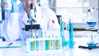 Asian woman scientist, researcher, technician, or student conducted research in laboratory
