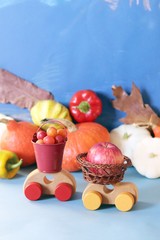  Decorative composition of toy cars, pumpkins, autumn vegetables, fruits, flowers and leaves, the concept of harvesting, natural abundance, Thanksgiving, Halloween