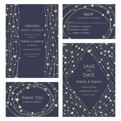 Wedding Invitation, with rsvp, save the date and thank you card. Abstract striped and hearts ornament. Geometric pattern. Vector illustration. - 285806538