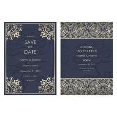 Wedding Invitation and save the date card Eastern gold. Arabic  Pattern. Mandala ornament. Frame with flowers elements. Vector illustration.