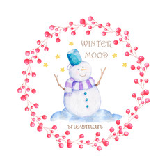 Watercolor Christmas Snowman , hand drawn cartoon illustration for baby t-shirt print, fashion print design, kids wear, baby shower celebration greeting and invitation card.