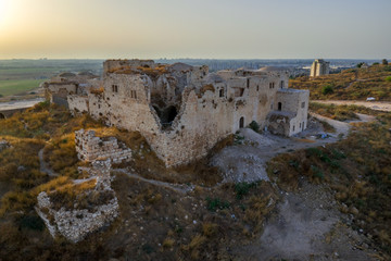 Migdal Afek, also known as Migdal Tsedek Crusader, Byzantine, Ottoman era castle ruin with white stone walls outside of Rosh HaAyin near Tel Aviv Israel