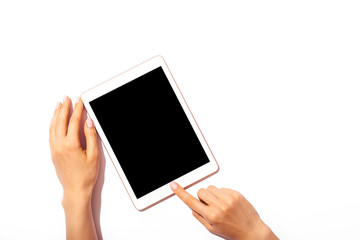 Overhead view female's hands with pink manicure