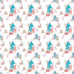 Watercolor Merry Christmas seamless patterns with christmas sprunce tree and rat and house, holiday cute baby mouse animals. Christmas tree celebration paper. Winter new year design