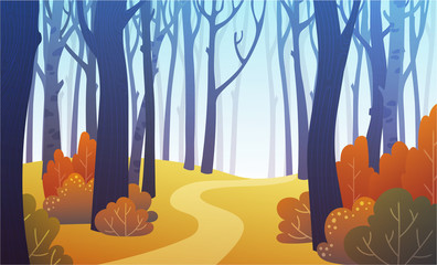 Landscape of forest path in autumn with orange bushes and blue trees. Background illustration in vector.