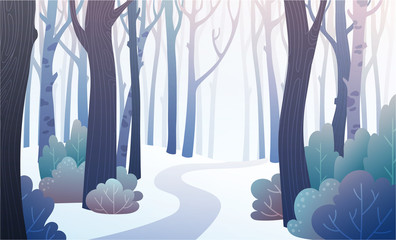 Landscape of forest path in winter with frozen bushes and snow. Background illustration in vector. 