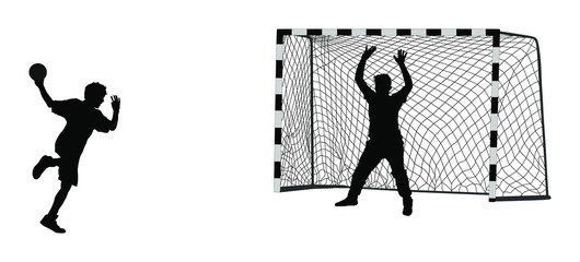 Handball (soccer) goalkeeper silhouette vector. Handball player attack shut penalty. Elegant man sport figure shadow. Dynamic athlete man handball player in action. Boy with ball in hand.