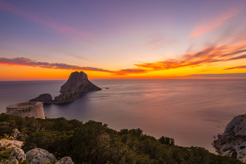 Savinar Tower and Es Vedra island at sunset, Ibiza, Spain