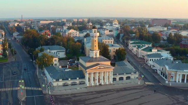 Scenic aerial view of the Fire tower in historical center of ancient town Kostroma in Russian Federation. Beautiful summer look of old building in old part of capital of russian province