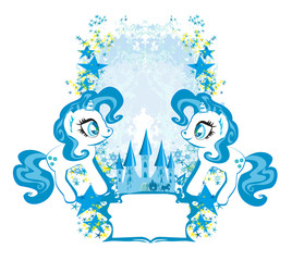Beautiful unicorn and fairy-tale princess castle frame
