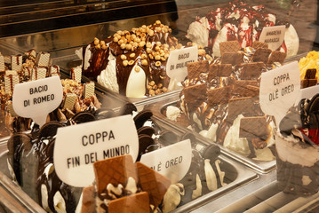 Italian ice-cream in the street of Verona, names are: Romeo's kiss, Giulietta's kiss, End of the...