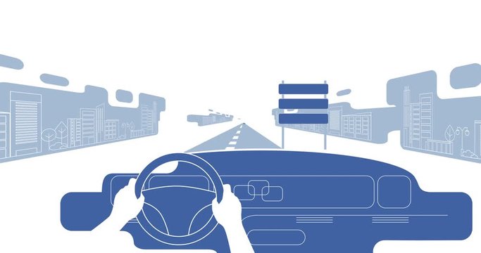 Electric car drives along the road in flat design. 2d, micro animation, cartoon, illustration, clip art, vector. Web banner.