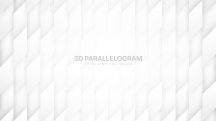 Fototapeta na wymiar 3D Vector Parallelogram Shapes White Abstract Background. Science Technology Rhombus Grid Structure Light Conceptual Wallpaper. Three Dimensional Clear Blank Subtle Textured Backdrop
