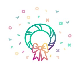 Christmas wreath surrounded by festive decor. Vector icon