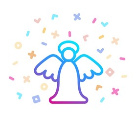 Christmas angel surrounded by festive decor. Vector icon