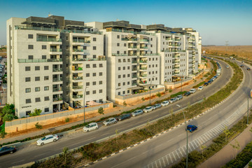 Aerial view of modern Israeli apartment buildings in a new construction neighborhood near Tel Aviv