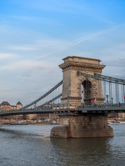 Budapest, Hungary - Mar 9th 2019: The Széchenyi Chain Bridge is a suspension bridge that spans the...
