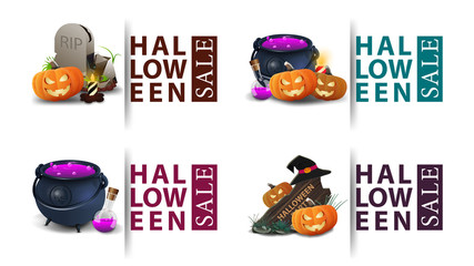 Halloween sale, four discount banners with witch's pot with beautiful icons