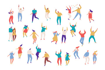 Party people. Large group of male and female cartoon characters having fun at party. Crowd of young people  dancing at club or music concert. Flat colorful vector illustration on white background.