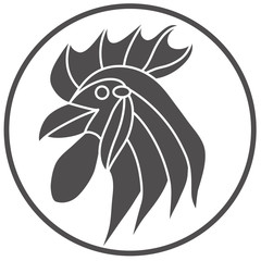 Print of a head of a cock head in profile in a circle