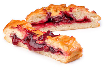 two pieces of open cherry pie, isolated on white background