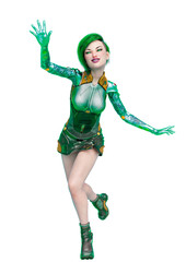 cyborg girl happy and running in a white background