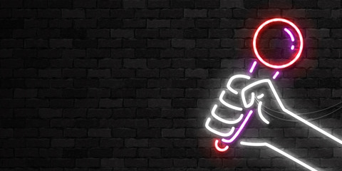 Vector realistic isolated neon sign of Karaoke flyer logo for template decoration and invitation covering on the wall background. Concept of night club and party. - obrazy, fototapety, plakaty
