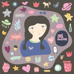 Teen girl with dark ponytales and her hobbies. Phrases and expressions. Social networks and signs. Set for your design.