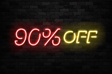 Vector realistic isolated neon sign of Neon Sale Discount 90 Percent logo for template decoration on the wall background. Concept of Black Friday and winter holidays.