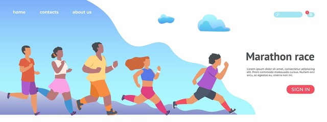Marathon race landing page. Jogging athletic group people website. Vector illustration running man and woman training to marathon
