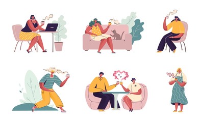 People drink coffee. Cartoon characters sitting in cafe, couples friends and people with laptop and phone. Vector illustrations scenes stile girls together drink coffee