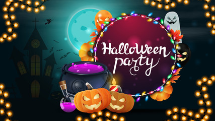 Naklejka premium Halloween party, round invitation banner with witch's pot and pumpkin Jack