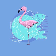 Hand Drawn Cute Flamingo Vector Illustration. Summer Print Design, children print on t-shirt