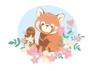 Cute red panda and flowers vector illustration, Children's prints and posters