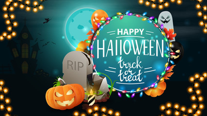 Naklejka premium Happy Halloween, trick or treat, round greeting postcard with tombstone and pumpkin Jack