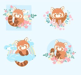 Cute red panda and flowers vector illustration, Children's set prints and posters