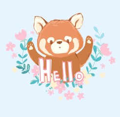 Cute red panda and flowers vector illustration, Children's prints and posters