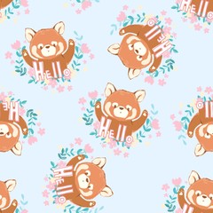 Hand drawn Cute red panda seamless vector illustration