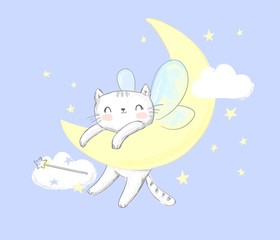 Cute cat with wings sleeps on the moon. Magic Vector Illustration. Children's print and poster.
