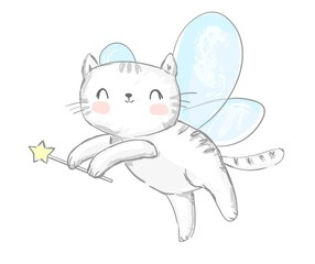Cute cat with wings vector illustration. Magic Vector Illustration. Children's print and poster. Fairytale