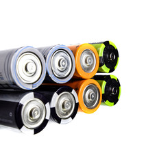 Salt and alkaline batteries, source of energy for portable technology. AAA and AA batteries