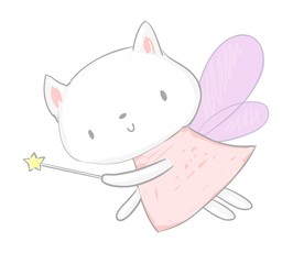 Cute cat with wings vector illustration. Magic Vector Illustration. Children's print and poster. Fairytale