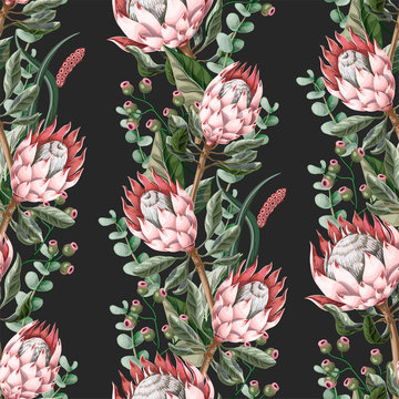 Seamless pattern with leaves, protea flowers and eucalyptus.