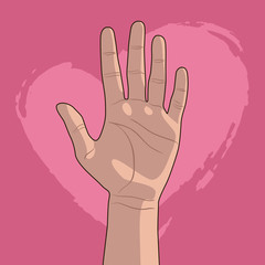 Hand up against a pink heart. Palm - 285813502