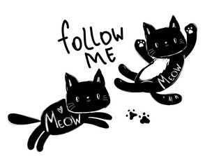 Sketch black cat and phrase follow me Set vector illustration. Children's print and poster design