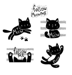 Sketch Set black cat and phrase follow me vector illustration. Children's print and poster design
